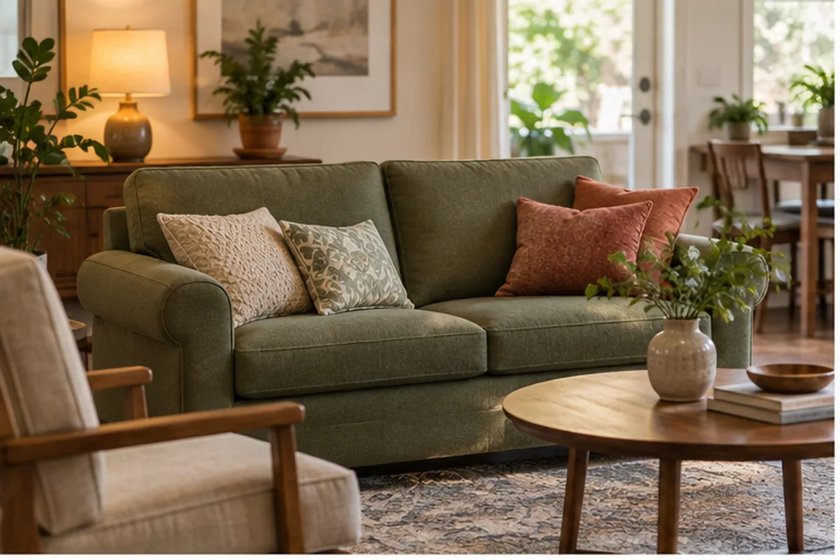olive loveseat in a family conversation space